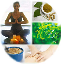 collage of meditation, massage, herbs, healthy food