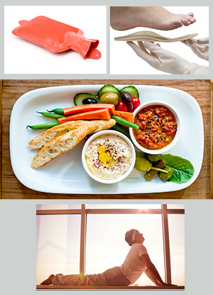 collage of images: heat pack, orthotic shoe supports, nutritious food, and a man doing yoga