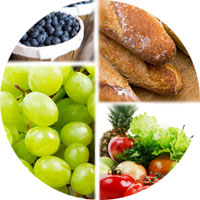 Collage of fruits, vegetables, and whole grains