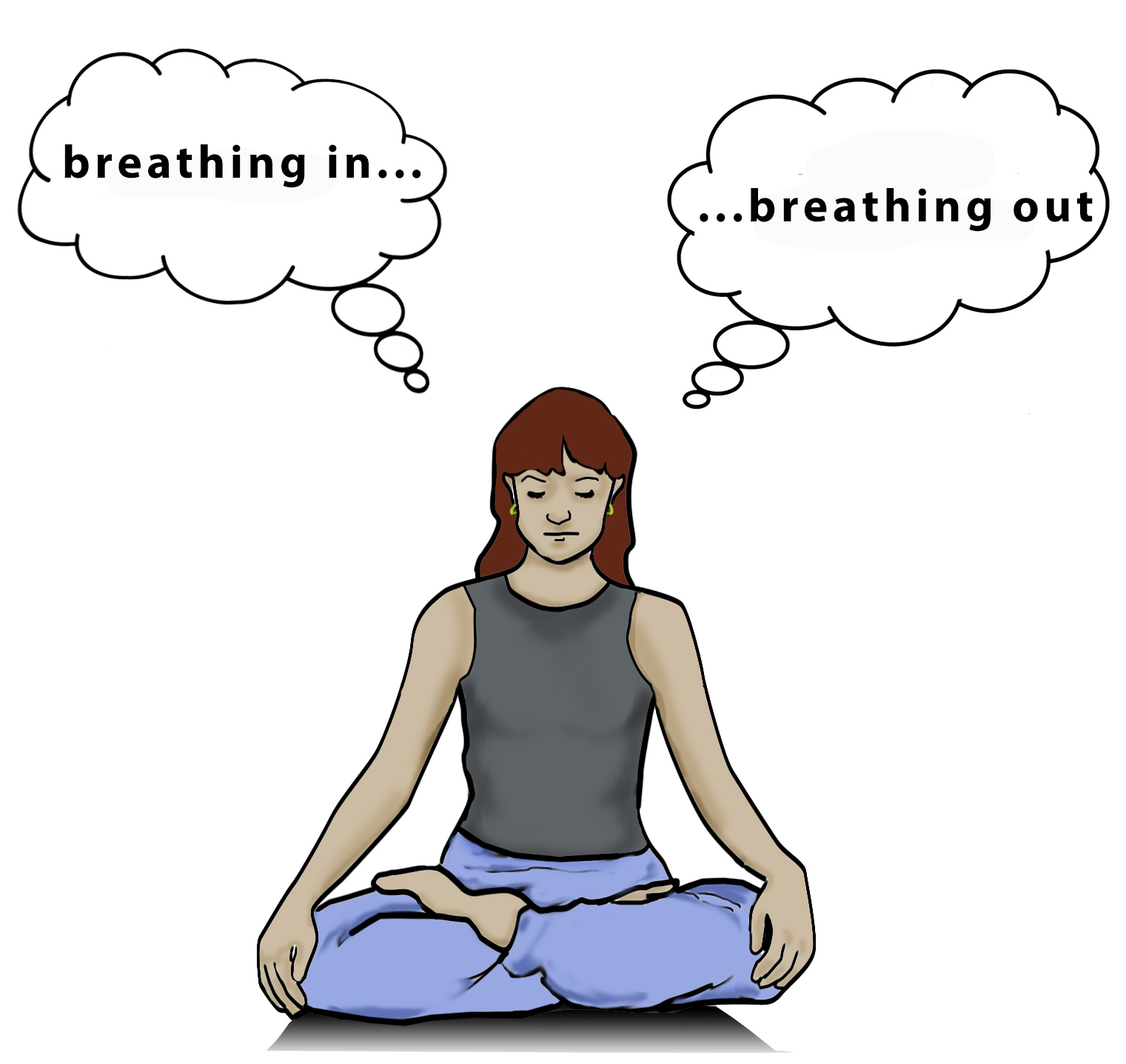 Illustration of a woman meditating, with thought bubble that say breathing in and breathing out