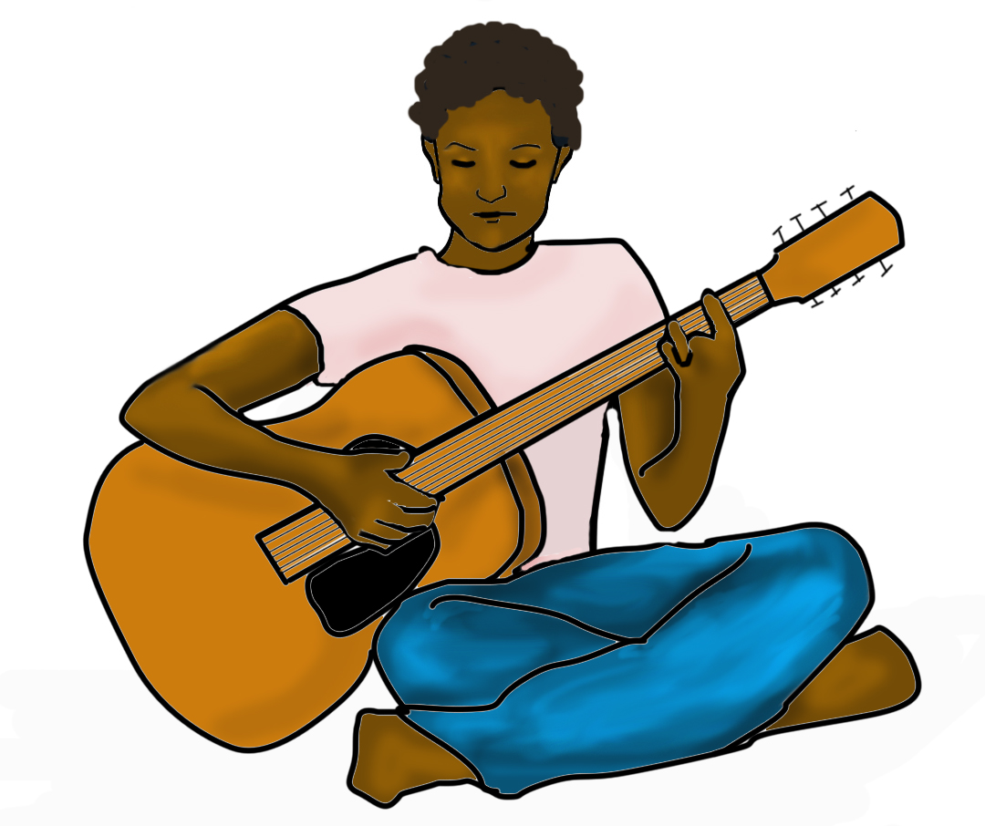 Illustration of a woman playing an acoustic guitar with her eyes closed.