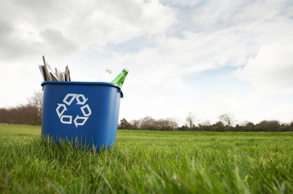 Recycling bin sitting in yard.