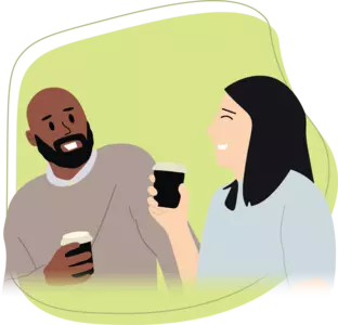 two people talking holding coffee cups