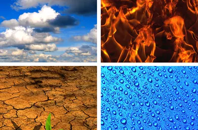 four images of clouds, fire, dry earth, and water droplets