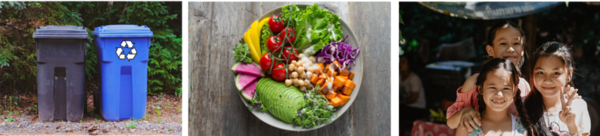 three images: a blue recycling bin, a plate of salad, and three women in a rural village smiling 