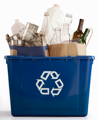 blue recycling bin full of plastic, glass, and paper