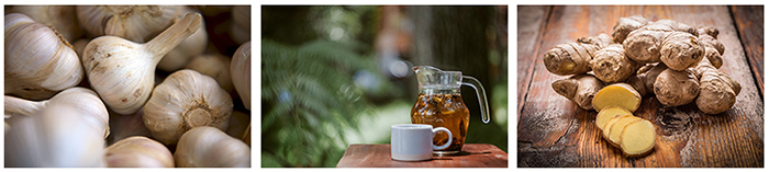 three images of garlic, green tea, and ginger