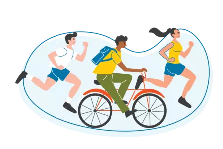 illustration of two people running, and one on a bicycle.