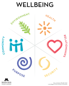 wellbeing model with six dimensions: Health, Environment, Community, Purpose, Security, and relationships