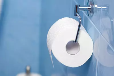Toilet roll holder mounted to the wall.