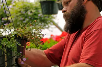 man with beard pruning plants