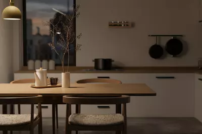 a kitchen at night time