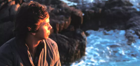 person looking over rocky shore at waves