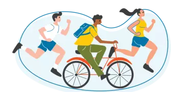 illustration of two people running, and one on a bicycle.