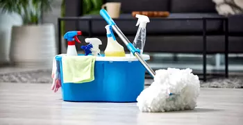cleaning supplies in a bucket