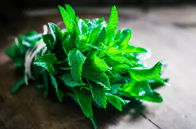 bunch of bright green herbs on a wooden table