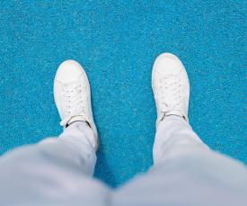 shoe gaze on blue floor