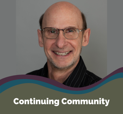 Text reads: Continuing Community on a green block. Behind is a headshot of Steve Buechler, an elder man with glasses smiling.
