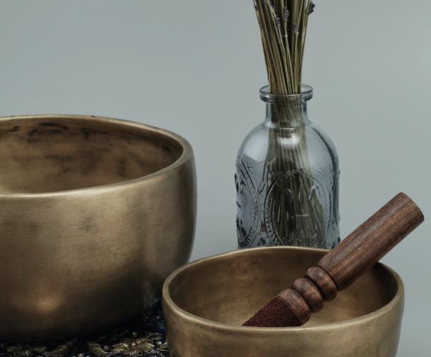 herbs and singing bowl