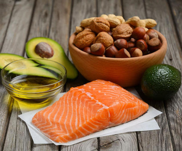 Healthy fats: nuts, avocado, salmon, olive oil